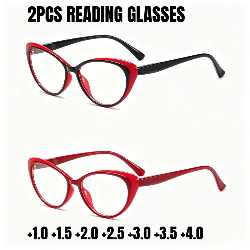 2PCS Unisex Stylish Cat‑Eye Reading Glasses Set Lightweight Fashion Presbyopic Eyeglasses Readers Eyewear Diopter +1.0 To +4.0