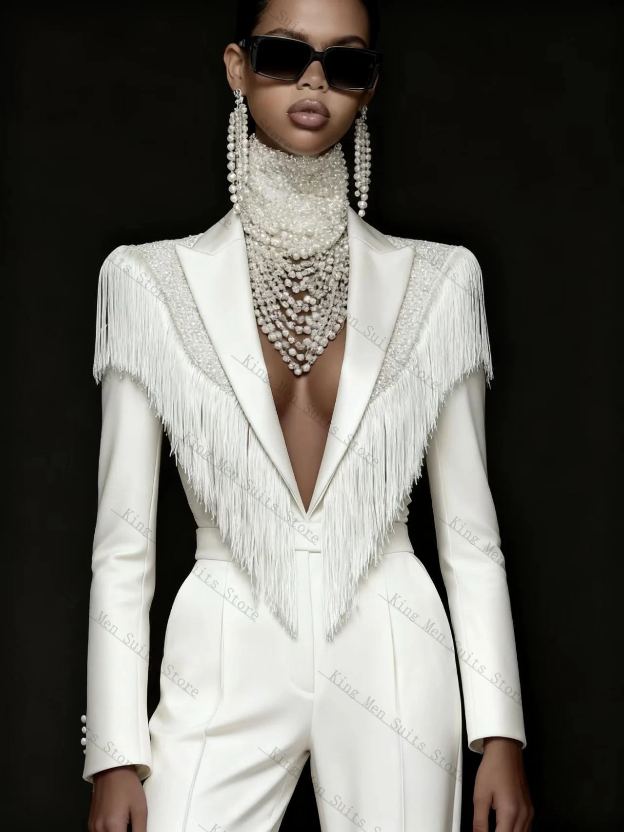 

Luxury Tassel White Women Suit Set 2 Pcs Crystals Blazer+Pants Trousers Customized Formal Guest Wedding Tuxedos Coat Jacket