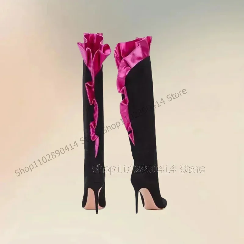 

Rose Red Silk Falbala Design Pointed Toe Boots Slip On Women Shoes Thin High Heels Party Banquet Dating 2026 Zapatos Para Mujere