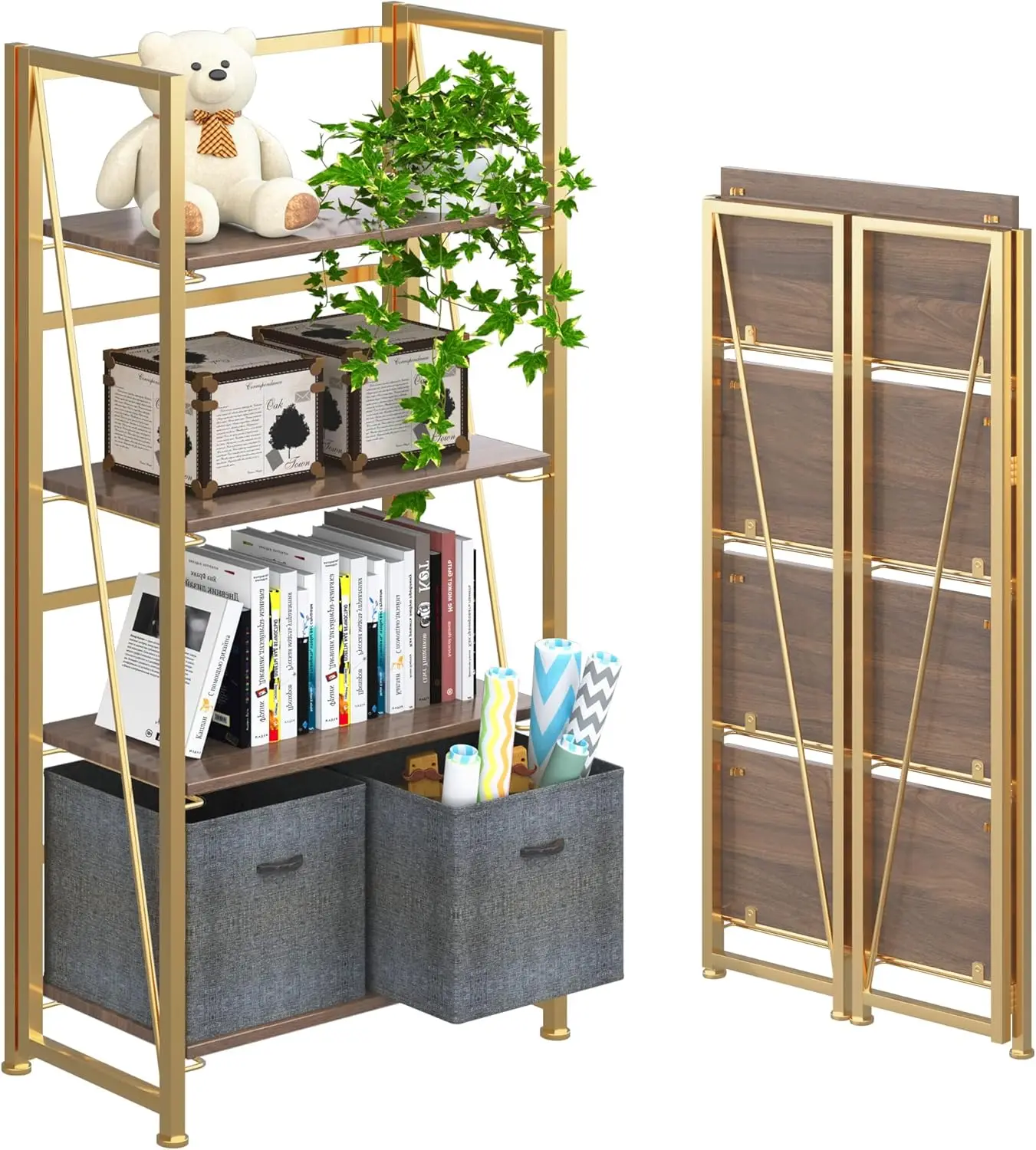 No-Assembly Folding Bookshelf Storage Shelves 4 Tiers Vintage Bookcase Standing Racks Study Organizer Home Office (Brown And