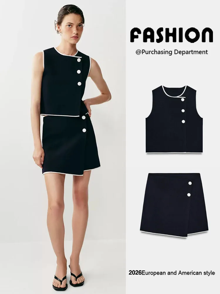 Summer New Arrival Women's Knitted Top with A-Line  Skirt Regular Sleeveless round Neck Single Button Chinese Style Fashion