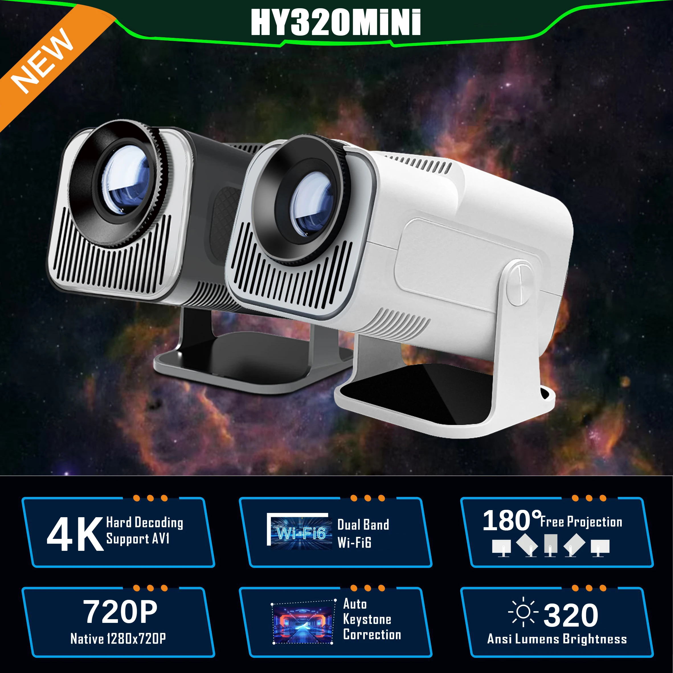 HY320MINI 4K Local 720P Compact HD Mini Projector Supports Ideal for Home Perfect Christmas Halloween Gift for Families Gamers