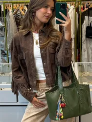 Vintage Tassel Single Breasted Jackets Women Casual Long Sleeved Flip Pockets Outerwear Fashion Autumn Streetwear Coats 2025