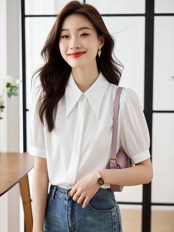 

Elegant Sharp Collar High End Women's Summer Shirt Short Sleeve Draping White Shirt for Interview Professional OL Fashion