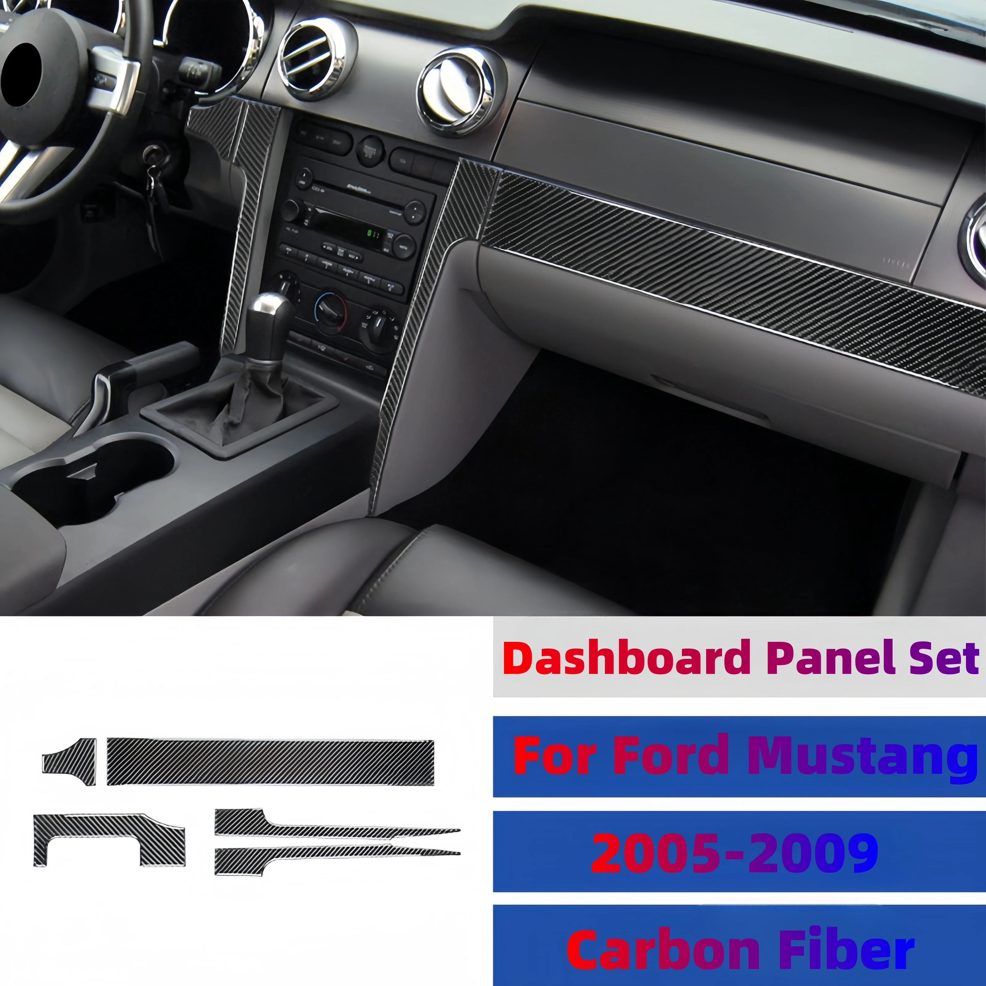 For Ford Mustang 2005-2009 Carbon Fiber Car Interior Central Control Panel Cover Protective Trim Sticker Set Auto Accessoires