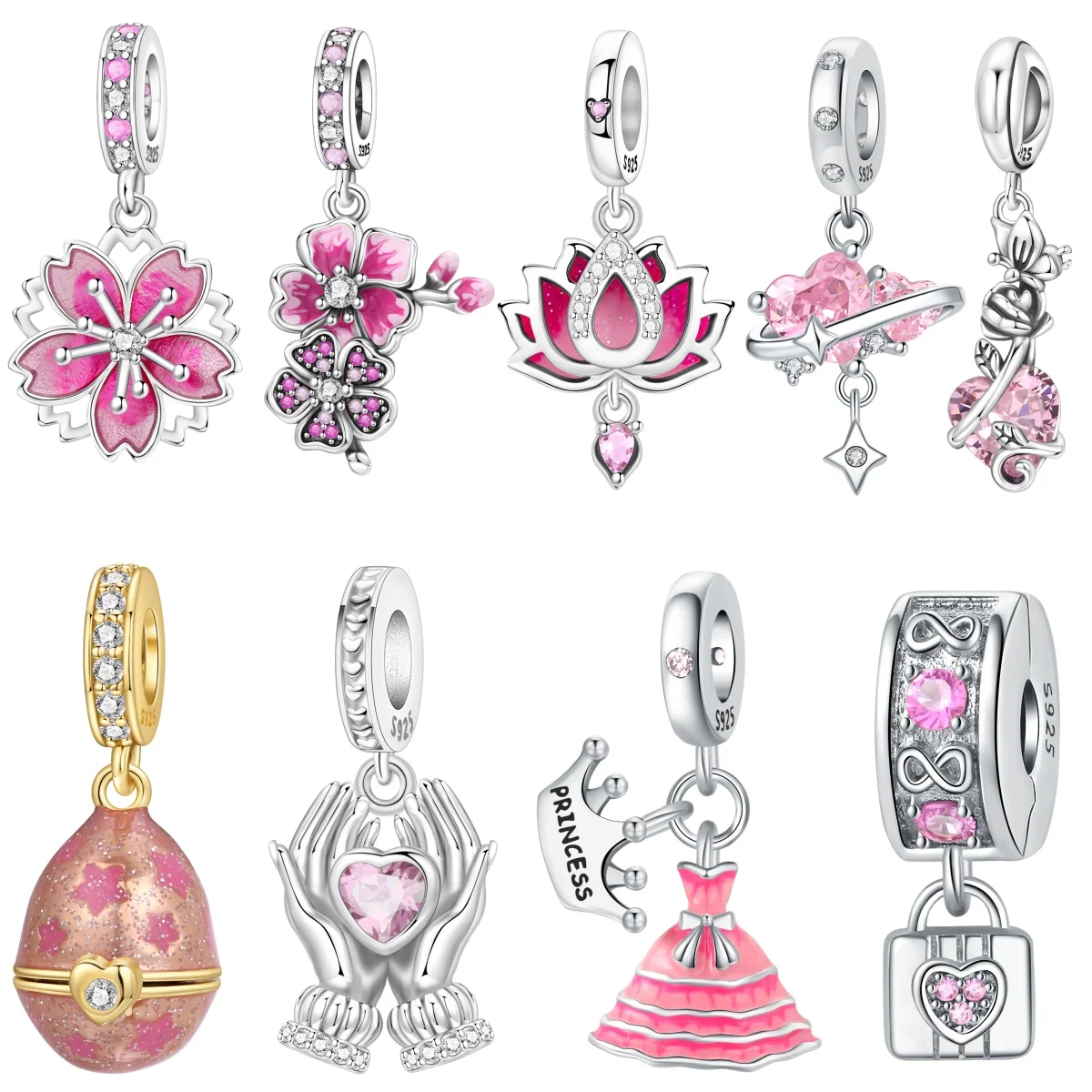 

﻿MISEFF S925 Sterling Silver Charm Exquisite Pink Heart-Shaped Flower Pendant For Original Bracelet DIY Jewelry Making Gift﻿