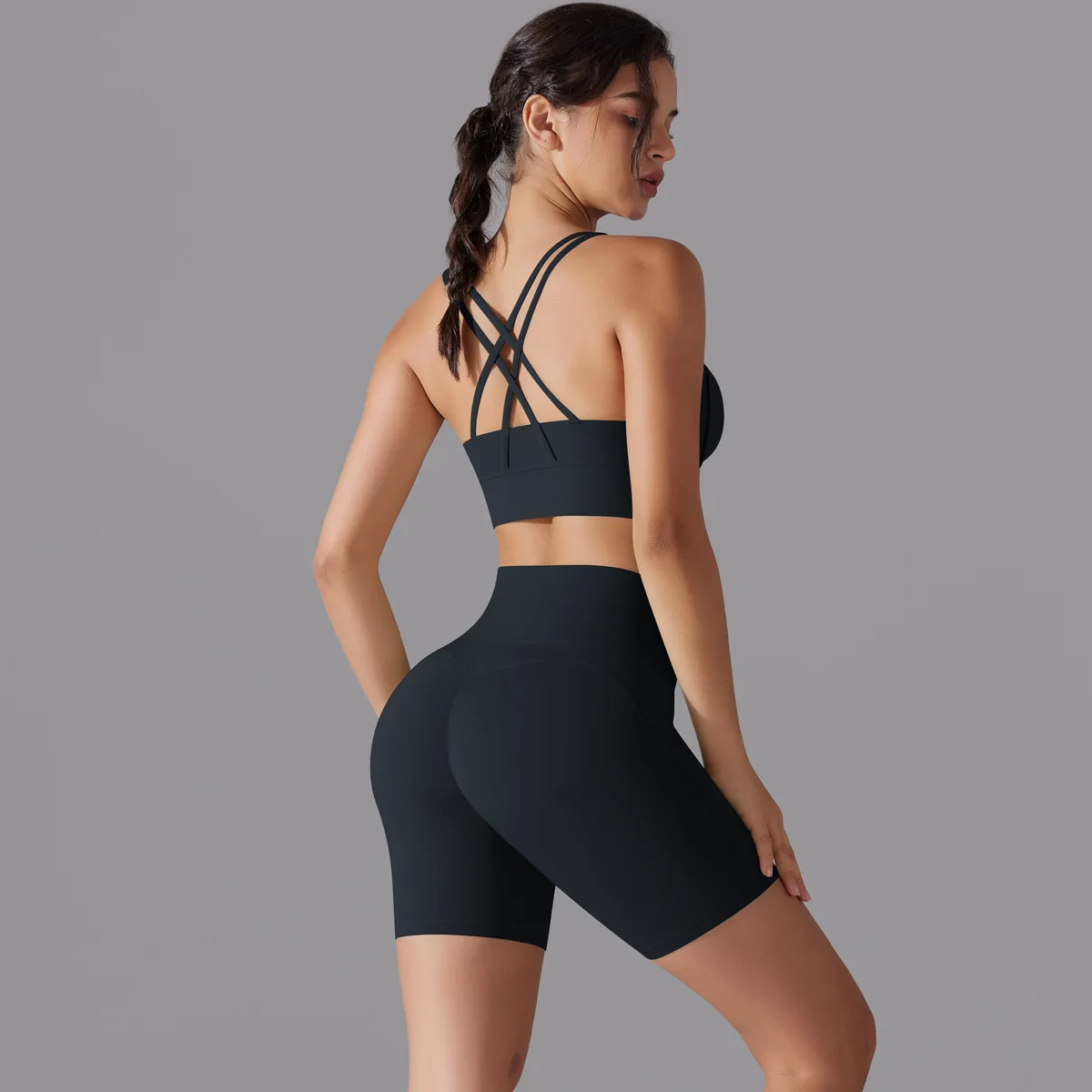 2 Pieces Crisscross Workout Set Women High Waist Gym Outfit Stretchy Yoga Set High Waisted Short Sports Clothes Fintess Clothing