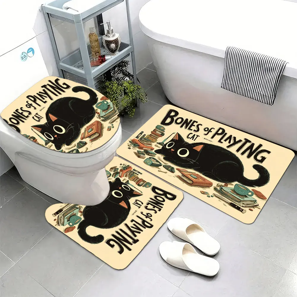 

3pcs Super Soft Bathroom Floor Mats Set - Non-Slip Backing, Adorable Game of Bones Playing Cat Print, Quick-Dry Absorbent, Machi