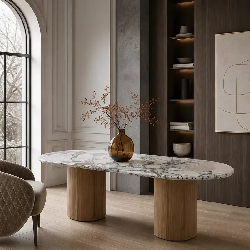 for High-end Villa Natural Marble Countertop Dining Table with White Oak Base for Luxury Hotel Apartment Furniture