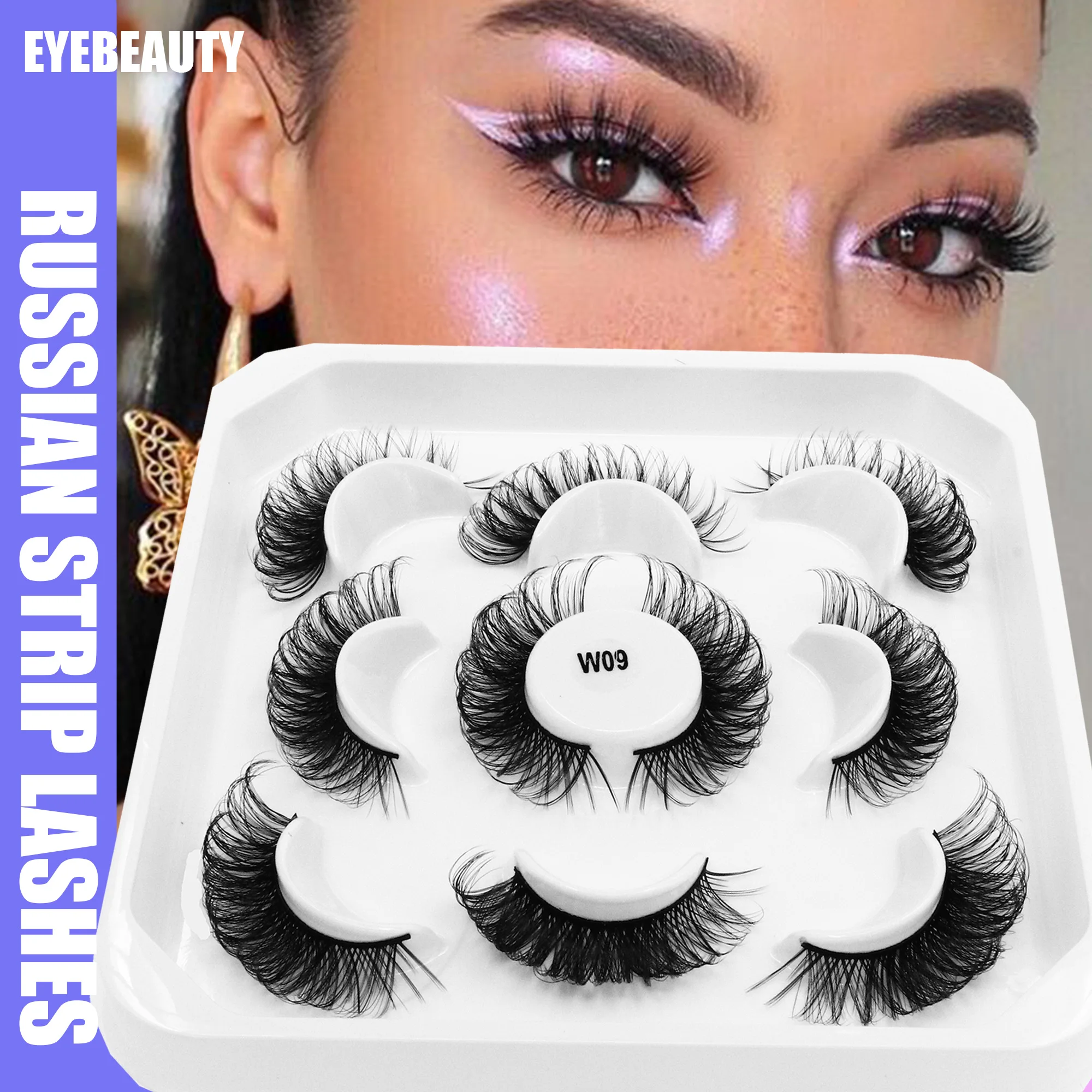 Russian Strip Lashes 5 Pairs Natural Fluffy Faux Mink Lashes 3D Volume Russian False Eyelashes D Curl Fake Strip Eye Lash Makeup