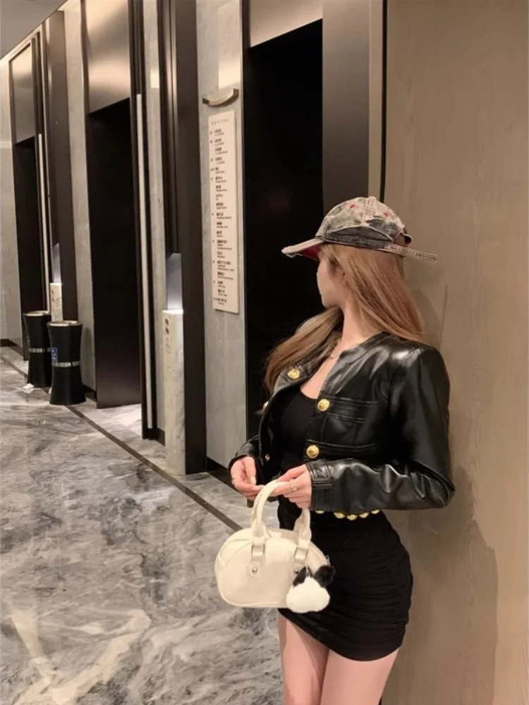 Ele ort Bla Leather Jaet Women's Loose Long Sve Top Casual Sle Autumn Cardigan Faionable Commute Wear