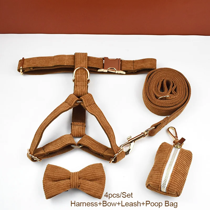 Personalised Corduroy Dog Collar And Leash Set With Nameplate_voghion.com
