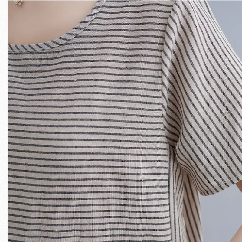 Pure Cotton Striped Women\'s New Summer Pullover Round Neck Loose and Slimming A-line Tied Pocket Casual Short Sleeved Dress