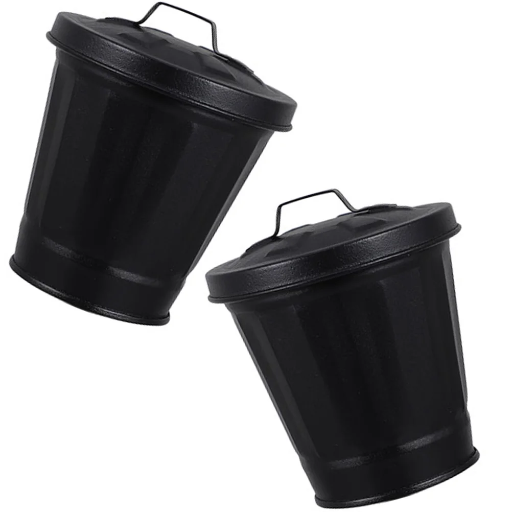 

2pcs Black Desk Trash Can Wastebasket with Lid Galvanized Planter Small Storage Basket Nursery Pots Flower Container Indoor