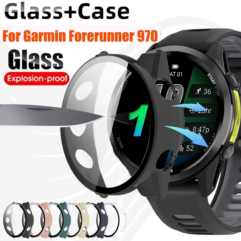 Glass+Case For Garmin Forerunner 970 Tempered Glass Screen Protector & Hard PC Protective Bumper For Garmin Forerunner 970 Cover