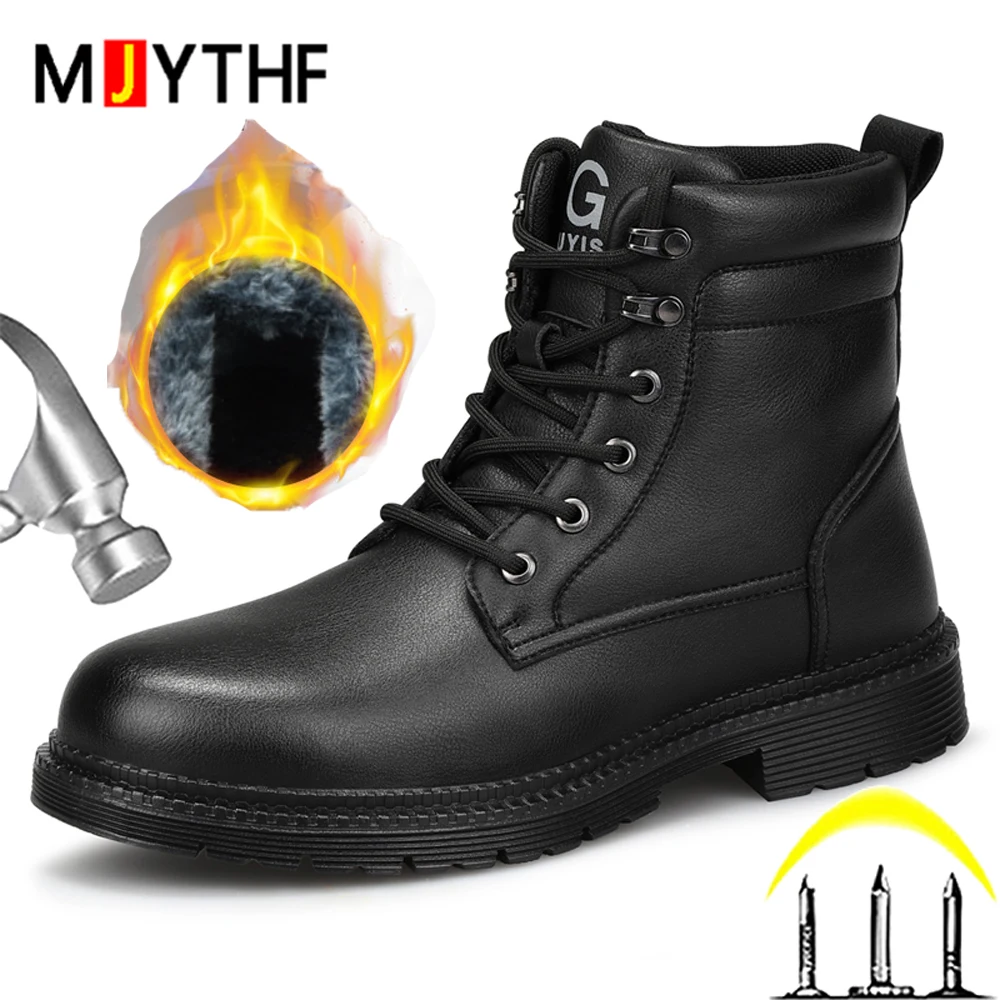 Men Leather Boots Warm Winter Boots Safety Shoes Men Waterproof Work Boots Puncture-Proof Indestructible Shoes Security Boots