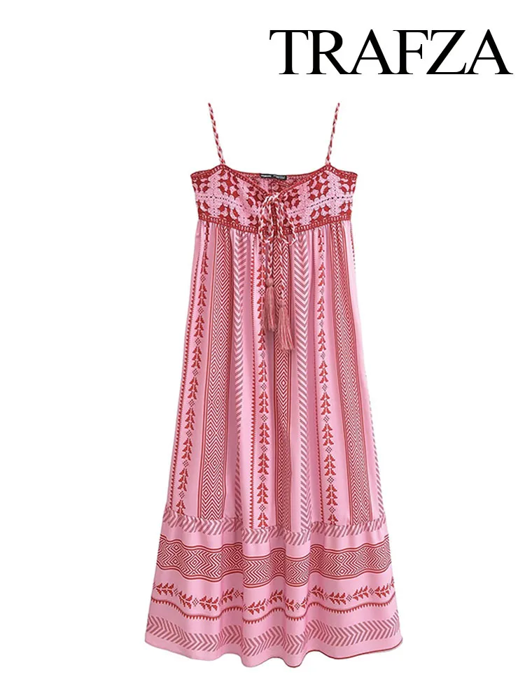 TRAFZA Women Fashion Dresses Pink Square Collar Sleeveless Backless Embroidery Decorate Female Summer Vintage Chic Long Dress