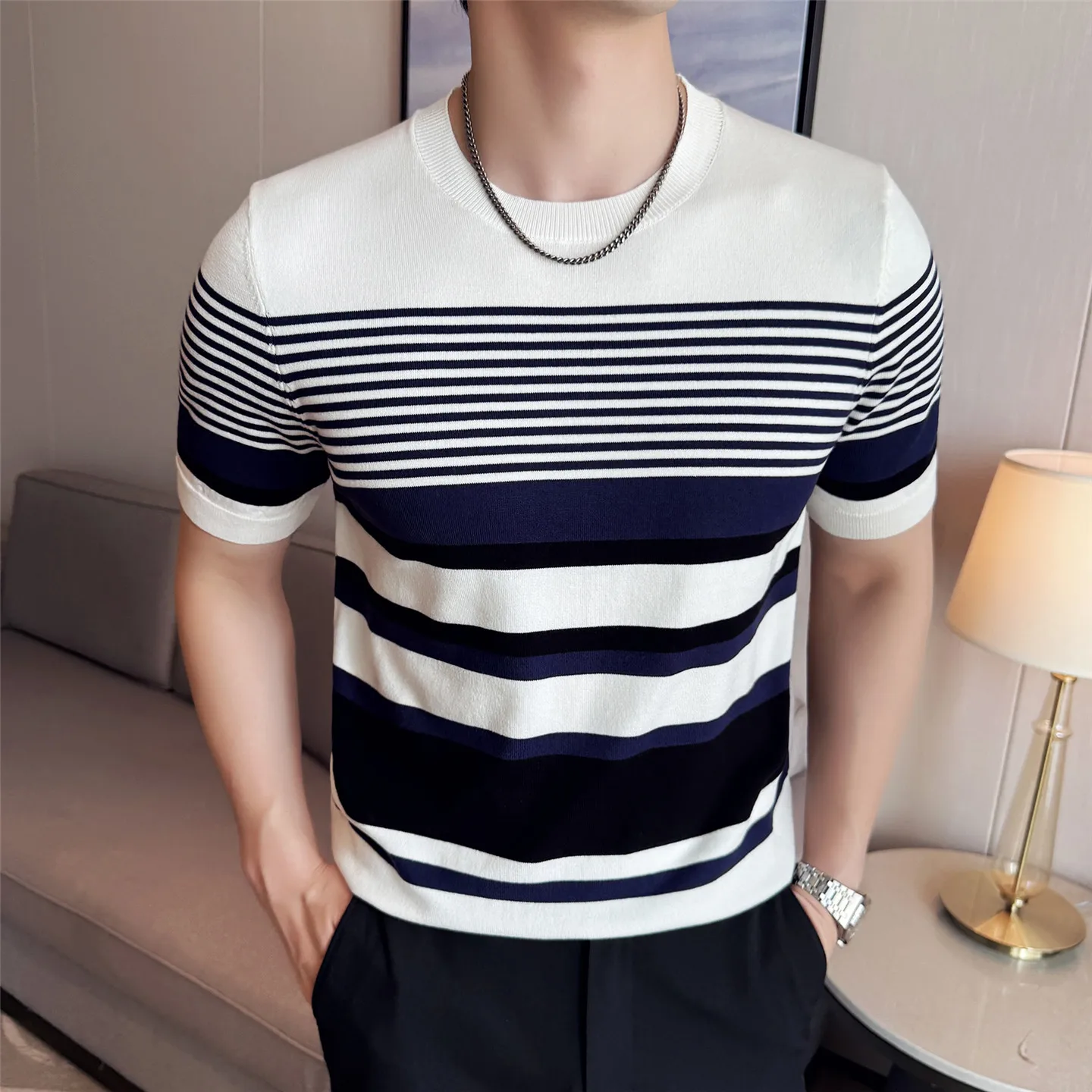 

Summer Lyocell Striped Knitted T-shirt for Men High Quality Versatile Casual Business Short Sleeved T-shirts O-neck Pullover