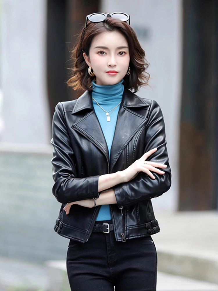 New Women Biker Leather Jacket Spring Autumn Fashion Casual Suit Collar Long Sleeve Slim Short Split Leather Coat Streetwear