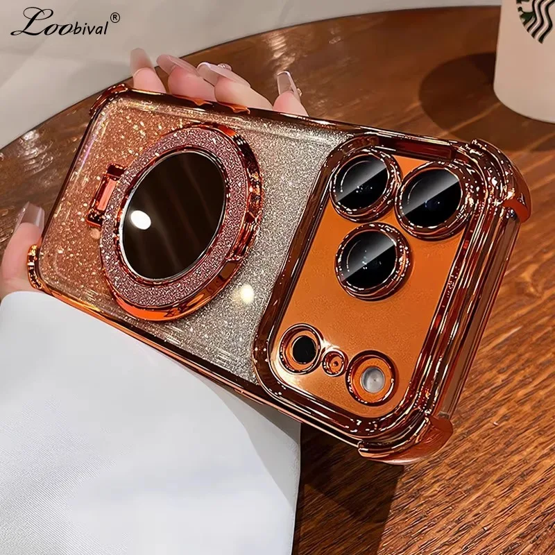 Glitzer-Spiegelringhalter Farbverlauf-Hülle für iPhone 15 16 17 Pro Max Air 14 Plus 12 13 mit plattierter Halterung und Make-up-Linsenschutzfolie