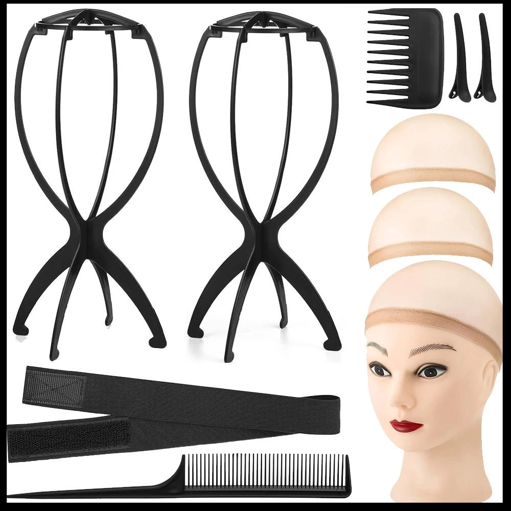 

8 PC Wig Stand and Wig Brush Comb Set,2 Wig Head Stand with 2 PCS Wig Brush Comb 2Hair Net 1Grip Band 2Clips Set, Christmas gift