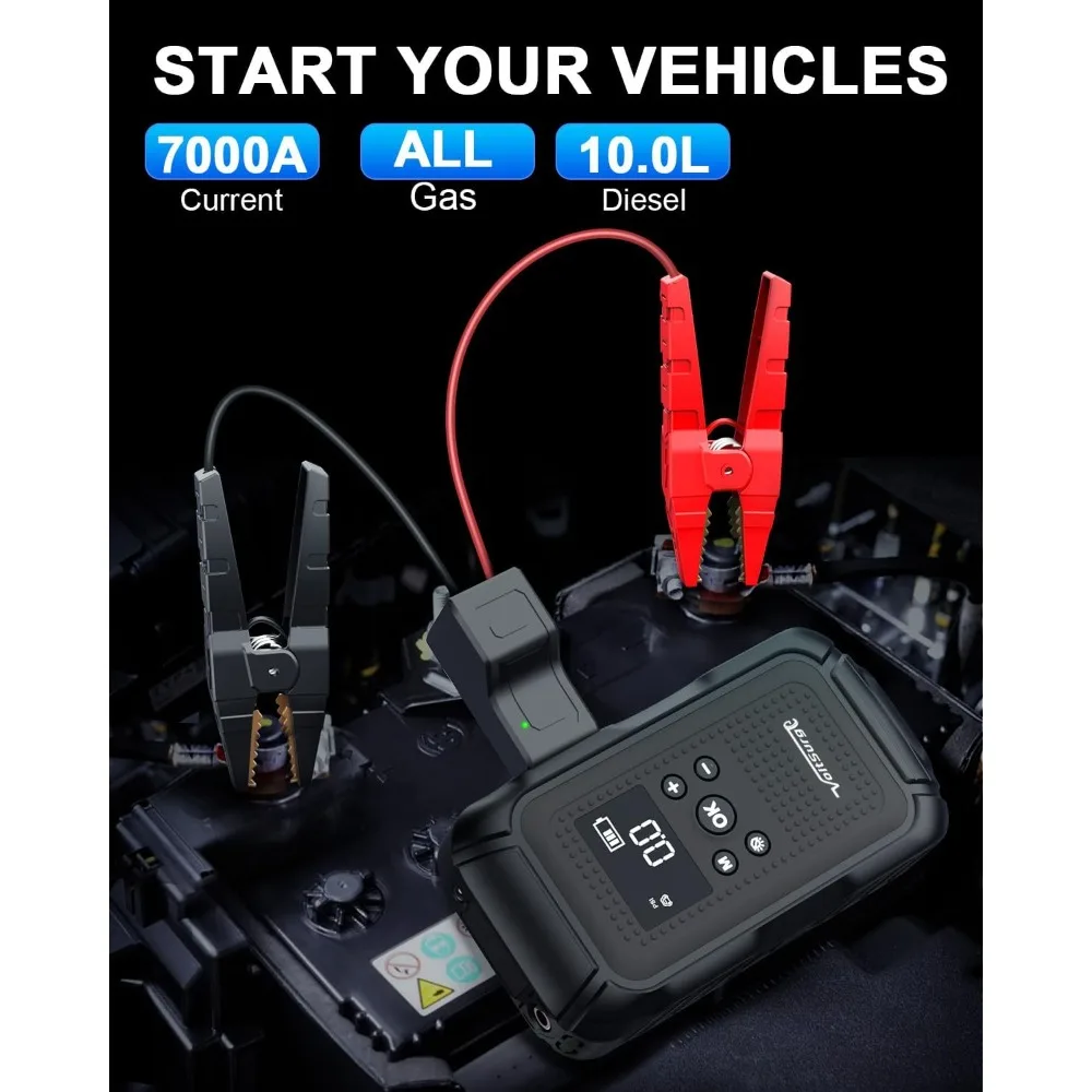 7000A Jump Starter with Air Compressor (All Gas/10.0L Diesel), 12V Jumper Starter Pack with 150PSI Auto Tire Inflator, Car Batte