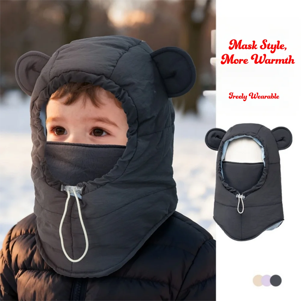 

Cute Bear Ear Kids Winter Hats Thickened Windproof Ear Protection Cap Keep Warm Children Hooded Scarf Set Outdoor