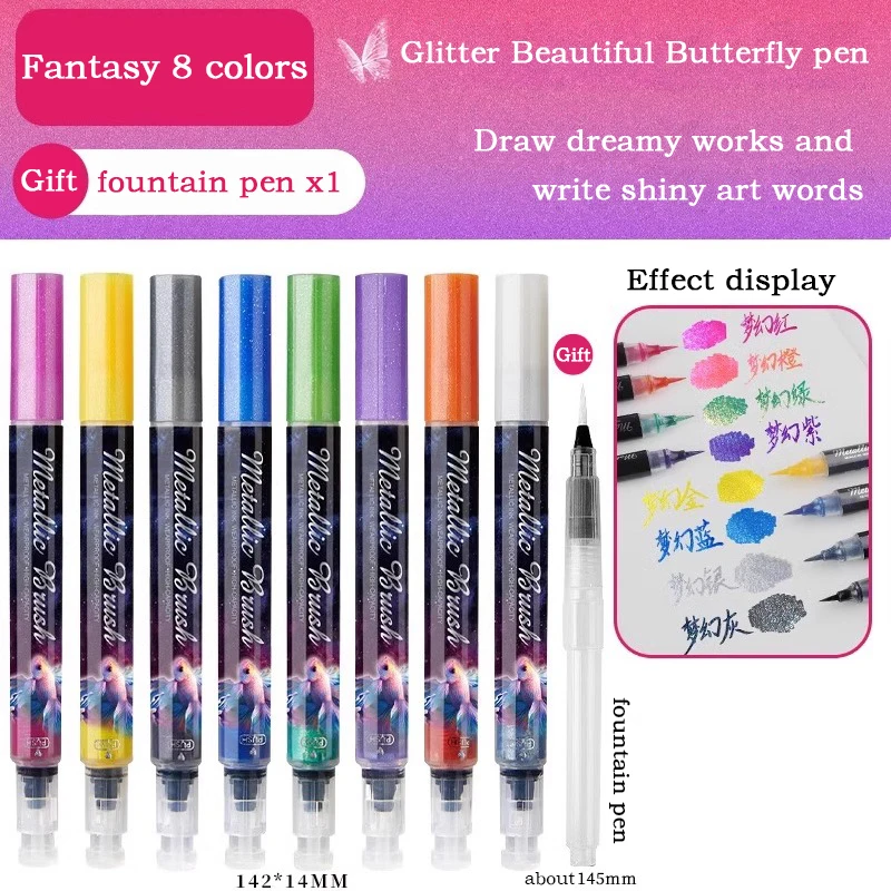 

8Colors Metallic Glitter Dual Color Marker Pens Brush Fine Nibs Art Marker For Album DIY Black Cards Scrapbooking Craft Supplies