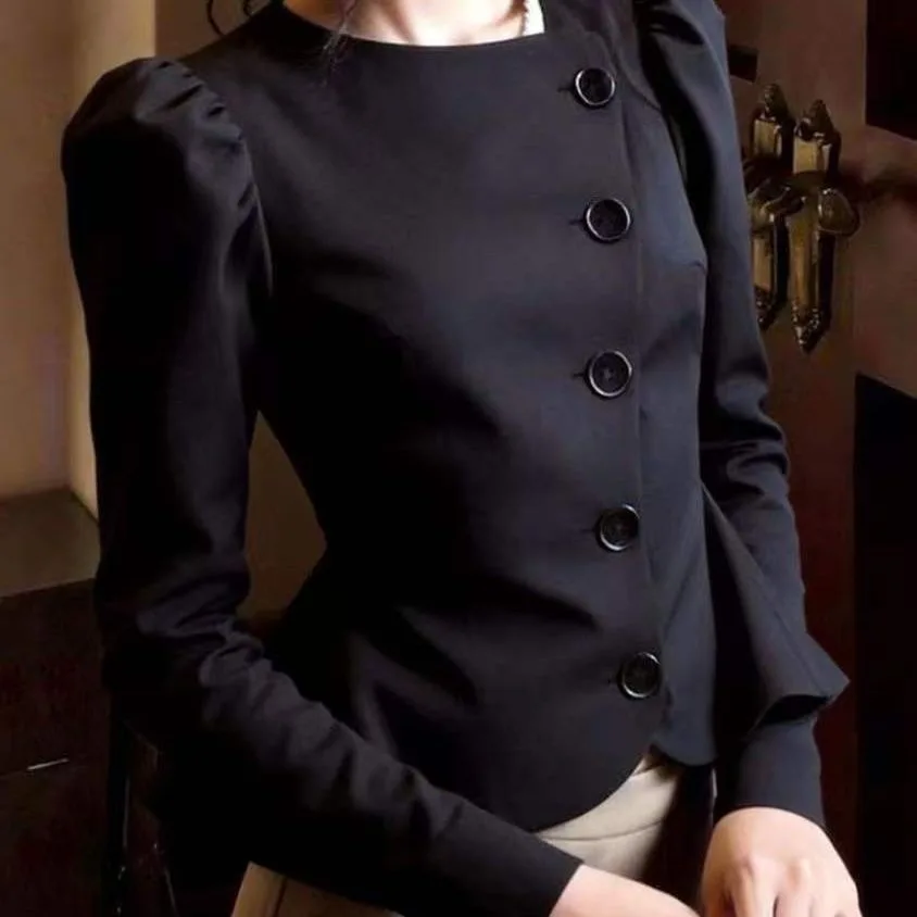Elegant Black Slimming Long Sleeve Shirt Button Versatile Top Women's Business Casual Style Fitted Design Spring New Arrival