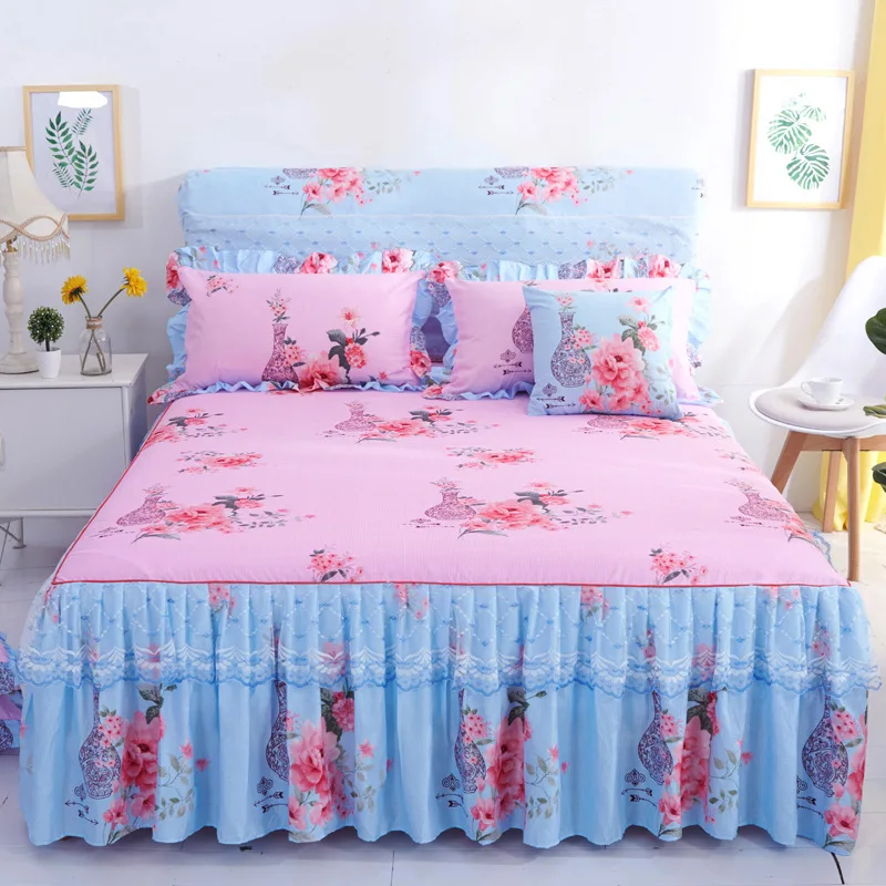 Floral Elegant Bed Skirts Sanding Lace Bed Cover Bedroom Non-Slip Mattress Cover Skirt Bedspreads Bed Two-Layer Decorated Cover