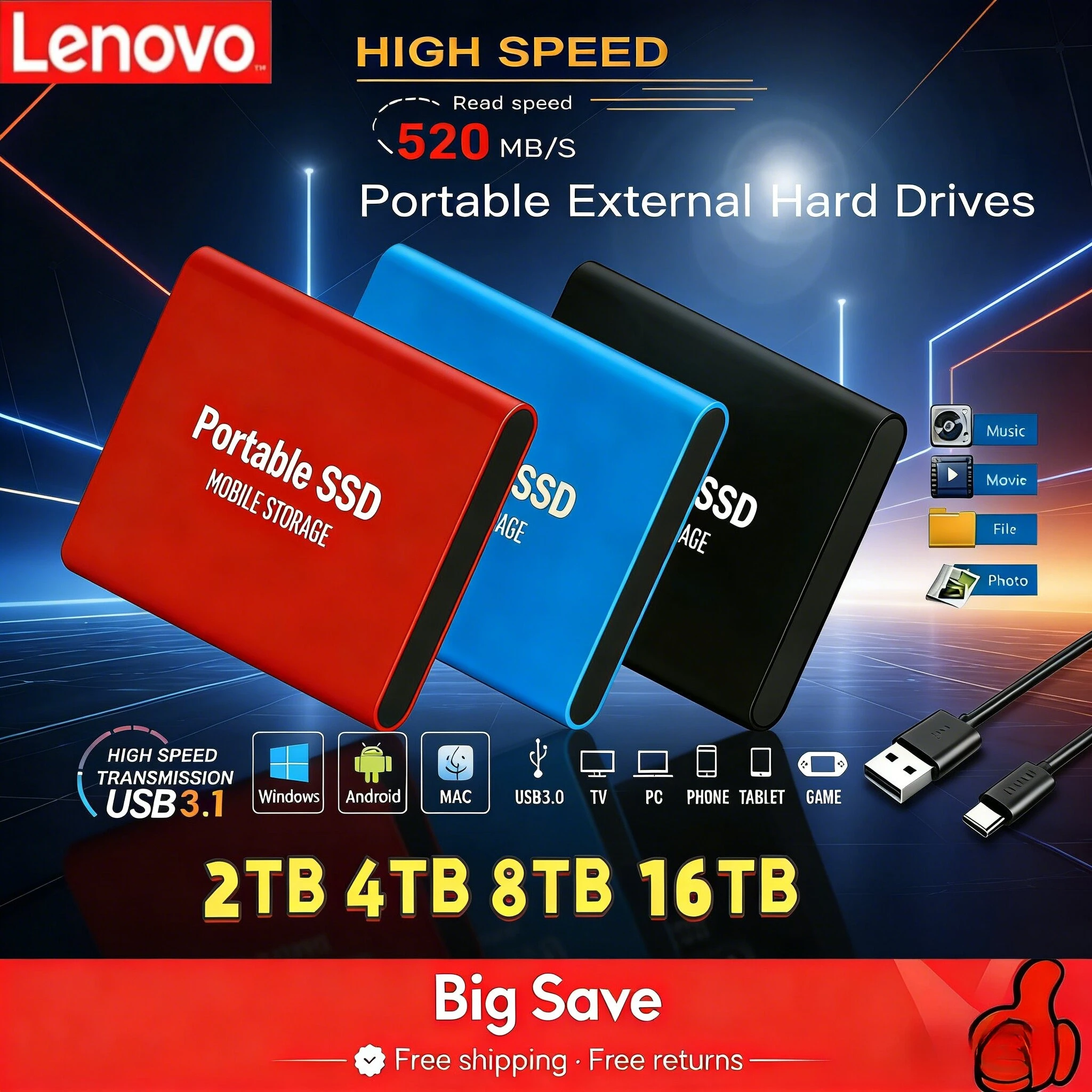 

Портативный SSD-накопитель Lenovo T5 4 ТБ/8 ТБ, внешний твердотельный накопитель USB 3.1, высокоскоростное мини-хранилище для игр, совместимое с PS4, PS5, Xbox, ПК, ноутбуками и Mac