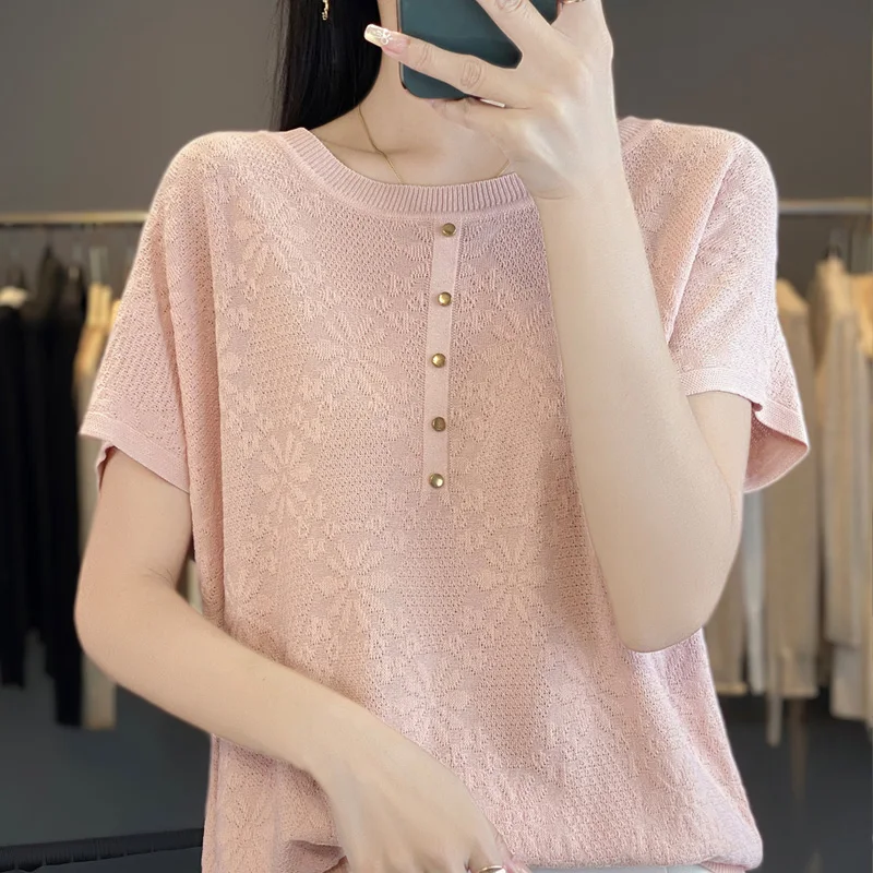 

Summer women's fine spun wool knitted sweater short sleeved casual T-shirt fashionable round neck Tees loose Blouse Tops
