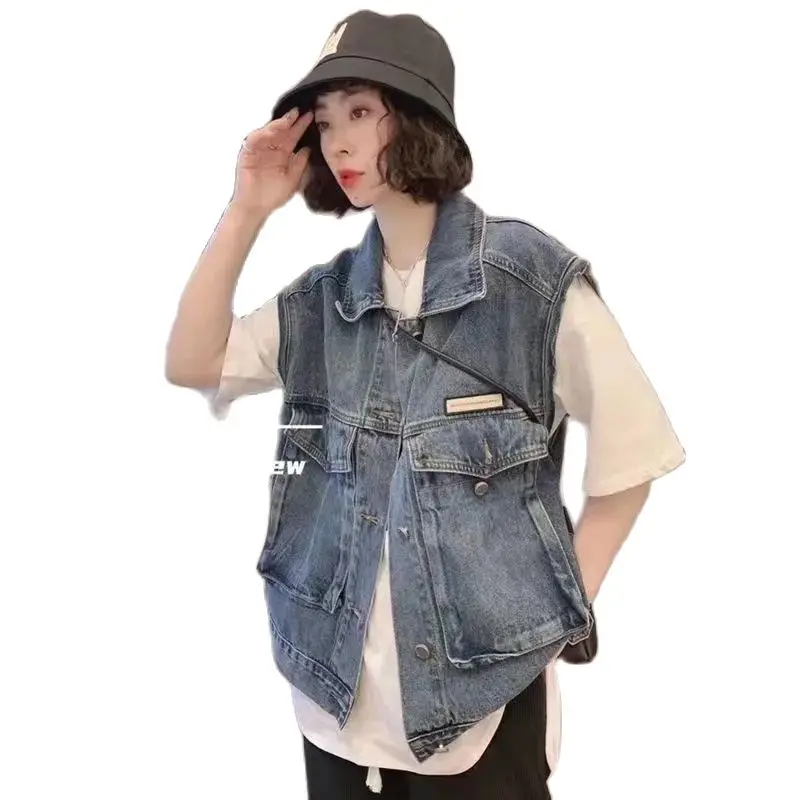 

2022 New Fashion Denim Vest Women's Large Pocket Ins Korean Casual Style Tooling Vest Loose Vest Jacket