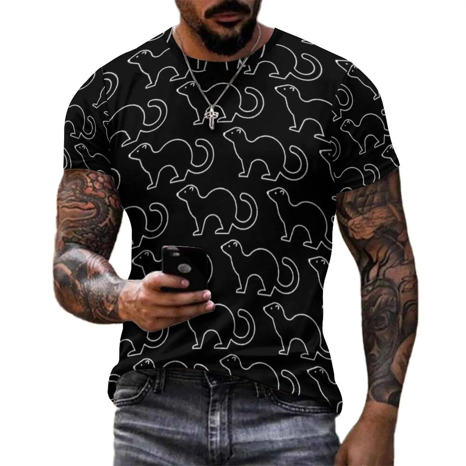 Summer T-Shirt Cute Ferret Print T-Shirts Wild Animal Y2K Fun Cool Tees For Male Short Sleeves Custom Oversize Tops