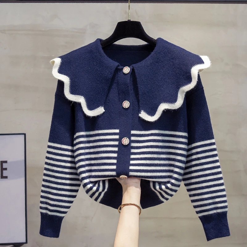 Peter Pan Collar Striped Sweater Single Breasted Knitted Cardigan Women\'s 2024 Spring Autumn New Korean Loose Versatile Coat