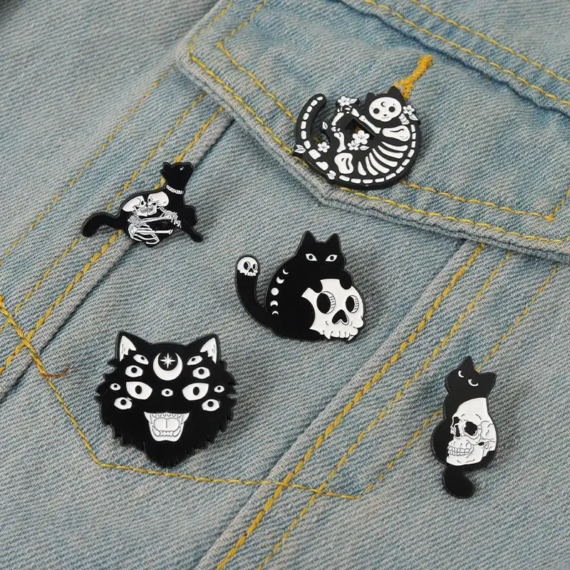 Gothic Cat Enamel Pin Skull Skeleton Witch Cats Badge Brooch Lapel Pins Denim Jeans Shirt Bag Punk Jewelry Gift for Friends