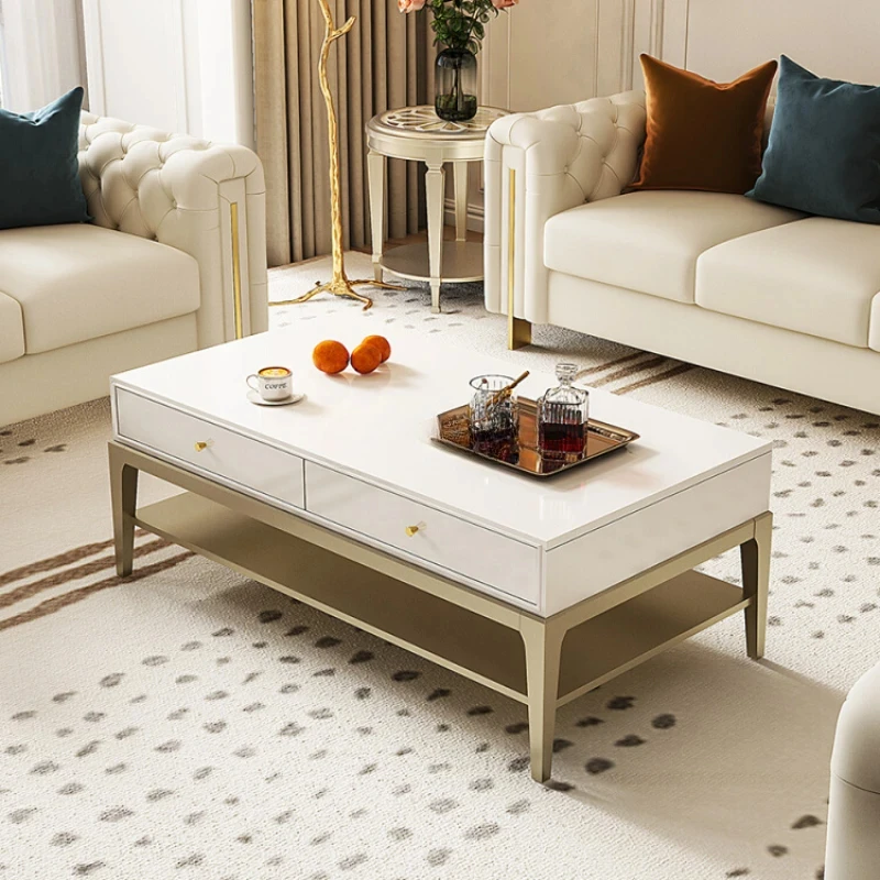 

Solid Wood Tea Table Light Luxury Modern Minimalist Cream Style Living Room Home with Drawer Tea Table