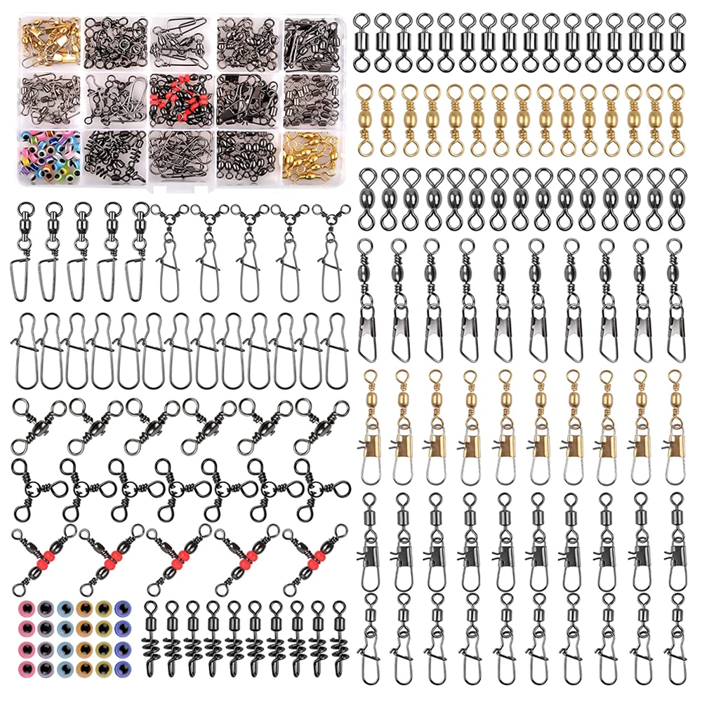 

190pcs Fishing Accessories Kit Tackle Ball Bearing Swivel Snap Rolling Barrel Swivel 3 Way Crossline Fishing Connector