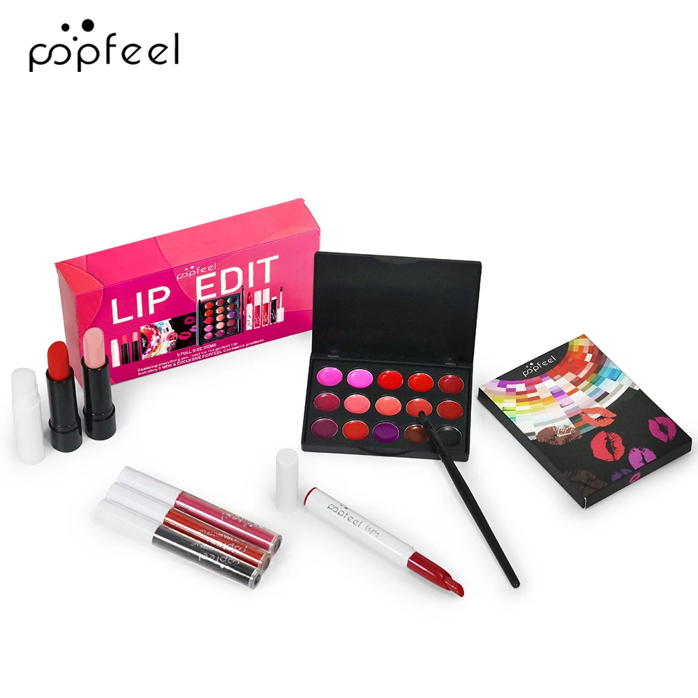 POPFEEL ชุดแต่งหน้าลิปแคร์ 9 ชิ้น–ประกอบด้วยลิปสติก, ลิปกลอส, แปรงทาปาก, ลิปบาล์ม–ติดทนนาน, ให้ความชุ่มชื้นแก่ริมฝีปาก