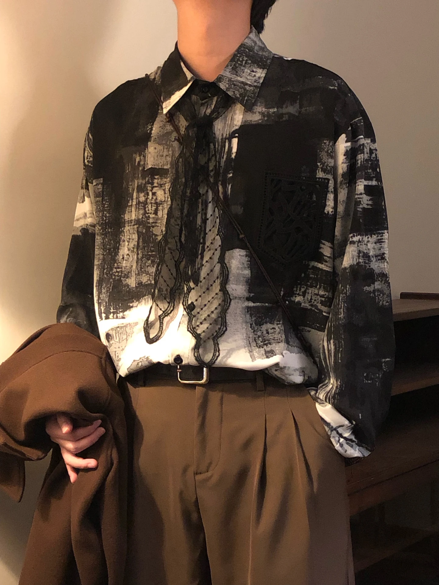 2025 Spring and Autumn New American Retro Style Men's Loose Casual Ink Painting Gradient Long Sleeve Shirt Top