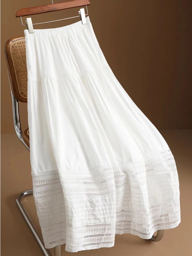 

Нежная кружевная юбка А-силуэта с вырезами, однотонная, длинная, с завышенной талией, стройнящая, летняя, повседневная, из смесового хлопка, для офиса