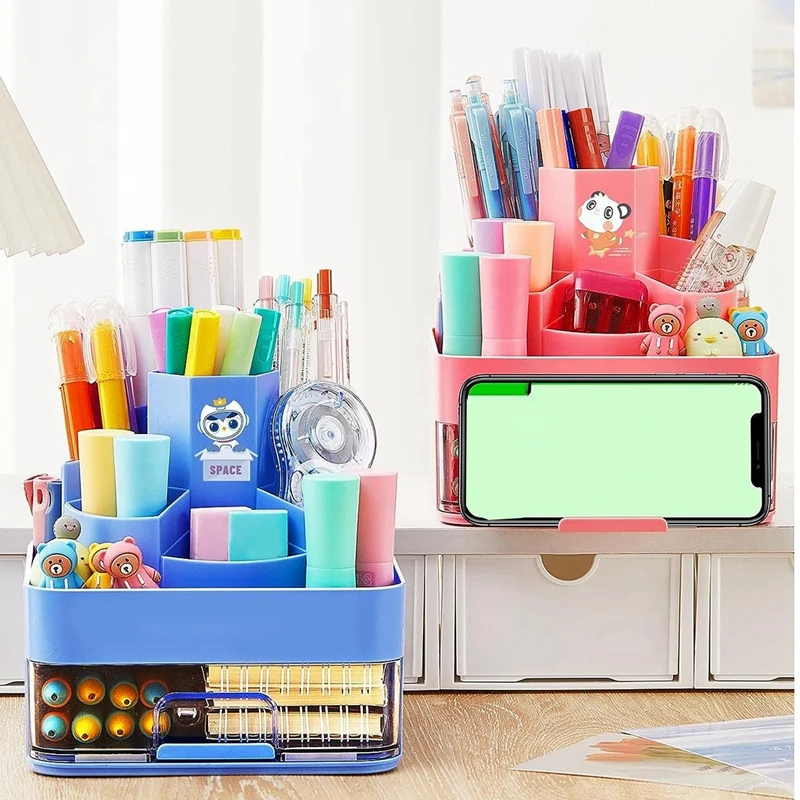 Rotating Pen Pencil Holder Desk-Organiser Pencil Pots Makeup Brush Holder + 11 Compartments For Home Pink