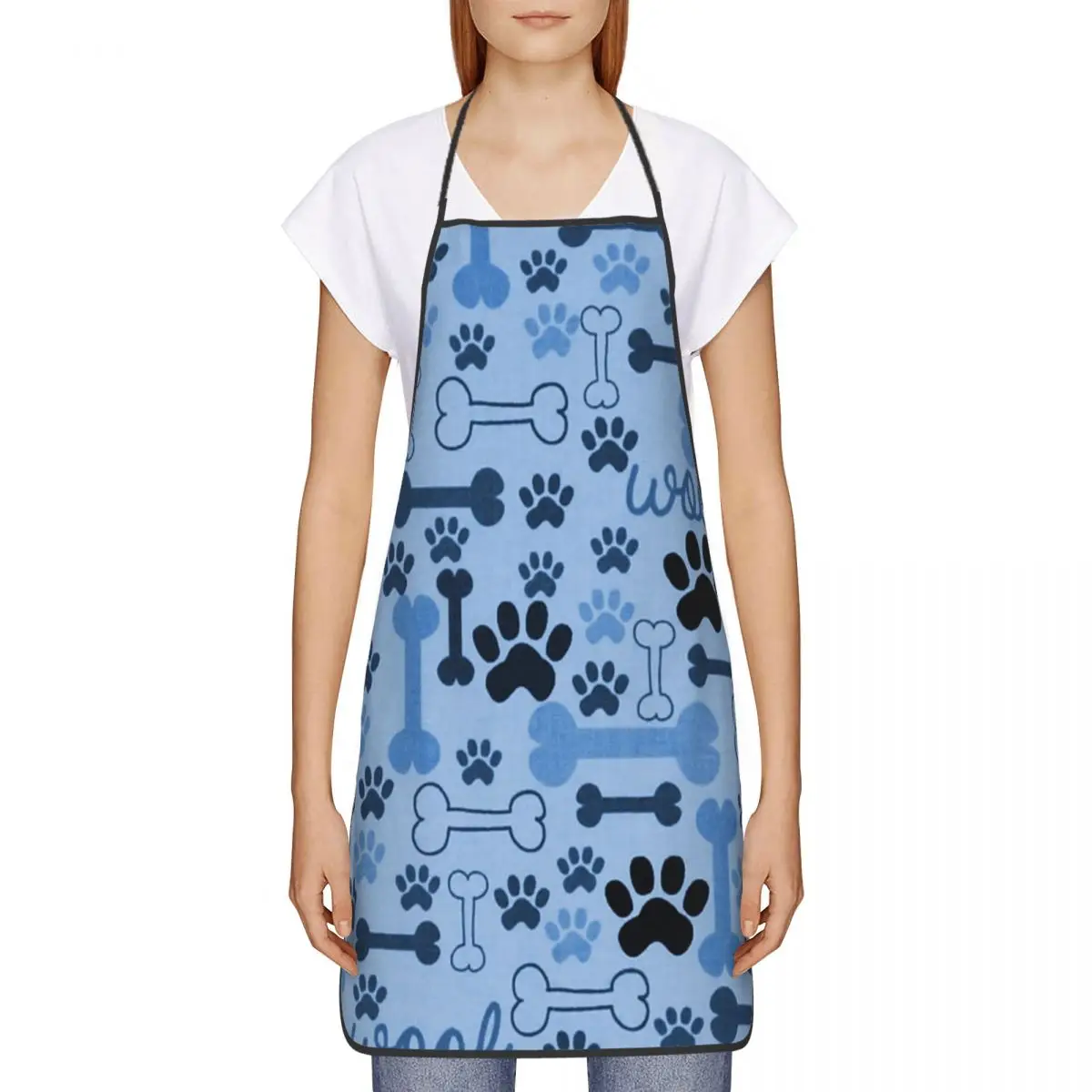 Blue Dog Bones And Paw Prints Pattern Bib Apron Chef Tablier Cuisine for Kitchen Cooking Animal Cartoon Footprint Painting