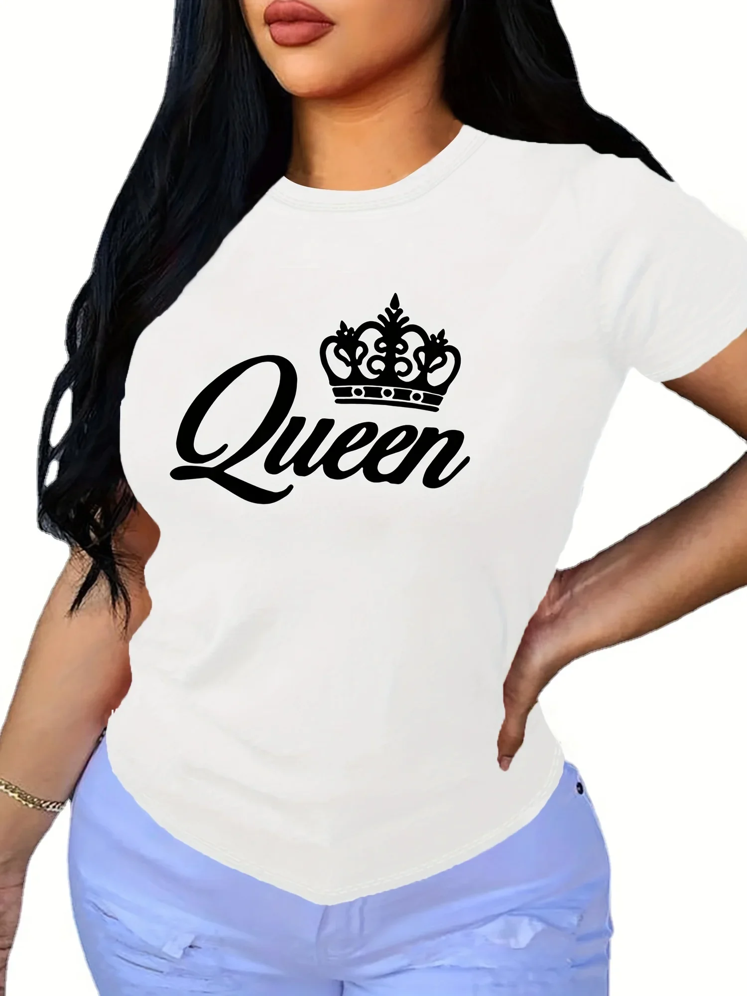 Short Sleeve Crown Letter Print Crew Neck T-Shirt for Spring & Summer Casual Women's Clothing