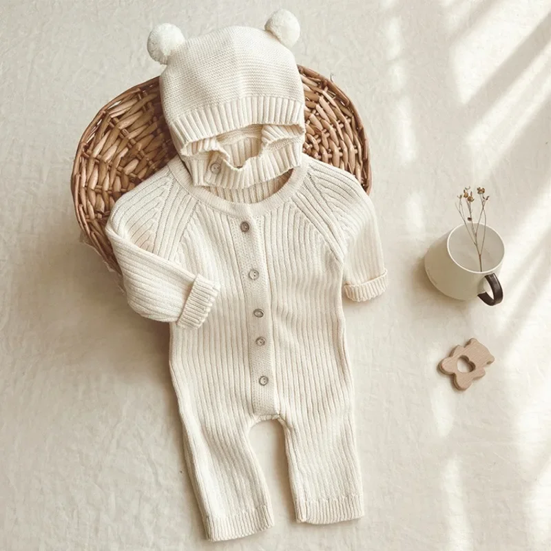 Unisex Newborn Baby Jumpsuit with Caps Clothes Sets Girl Boy Knitted Rompers Outfits Sets Autumn Winter Toddler Infant Overalls