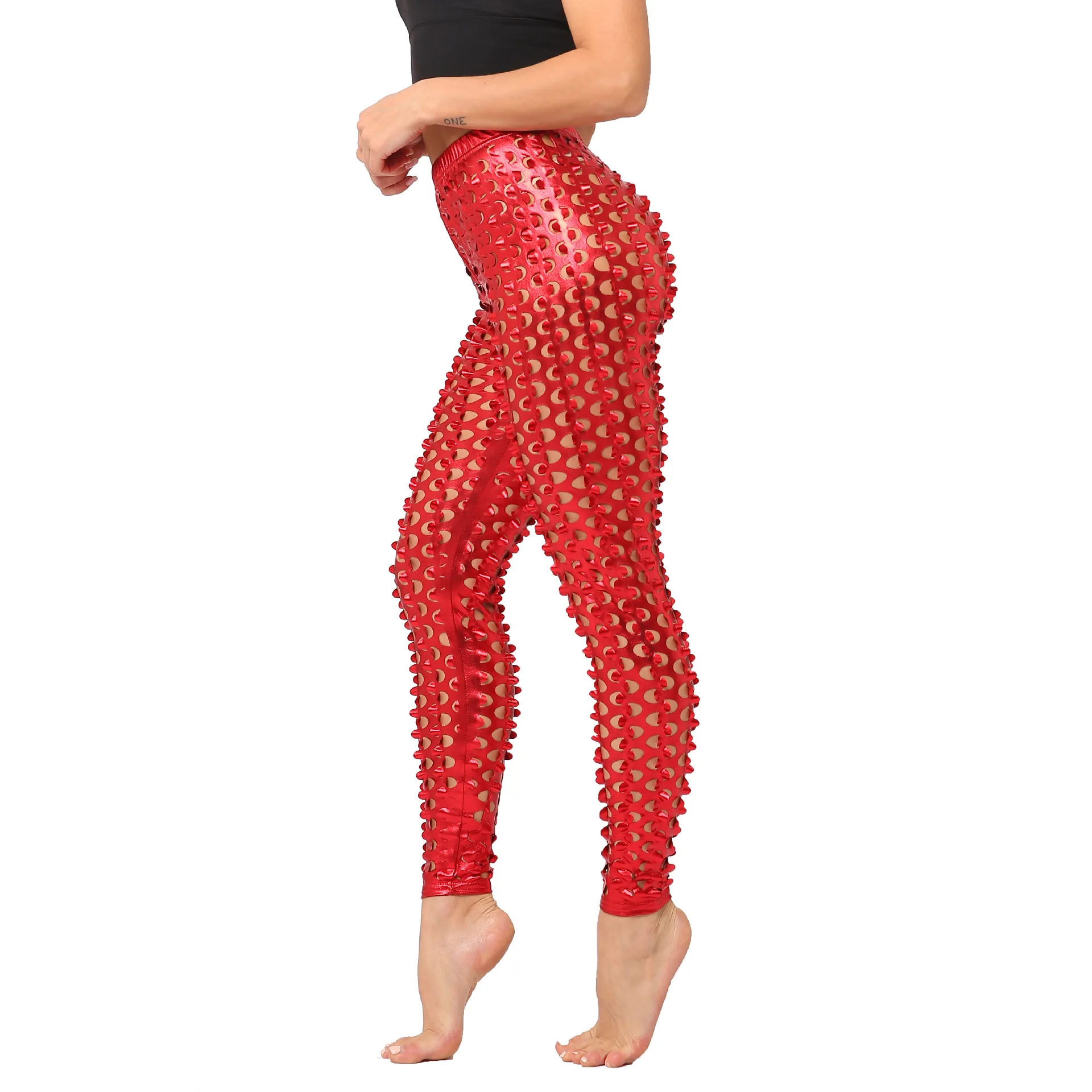 

Metallic Bright Leather Fi Sc Pattern Hole Punching Slimming Nine Point Women's Leggings Casual Thin Polyester Long Pants