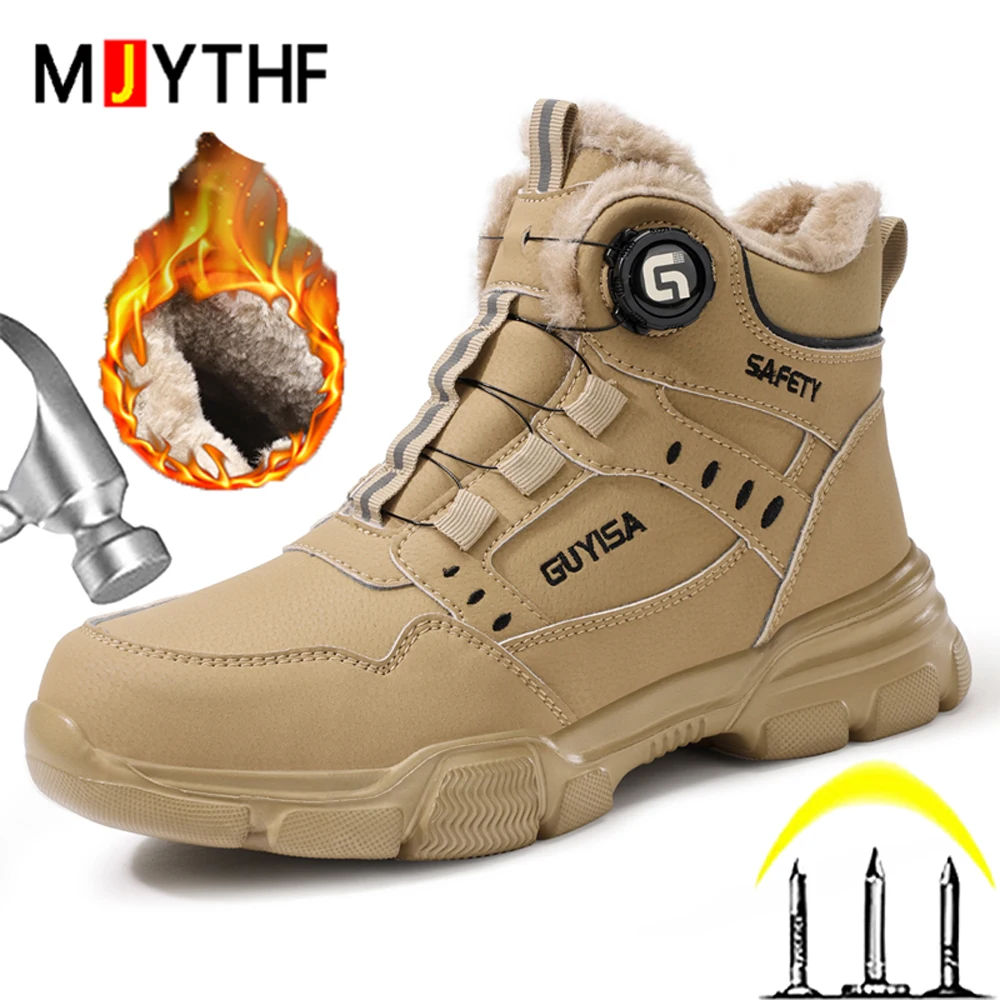 

Мужские рабочие ботинки с вращающейся кнопкой, теплые плюшевые зимние ботинки, обувь со стальным носком, устойчивые к проколам защитные ботинки, защитная обувь, большие размеры 50,