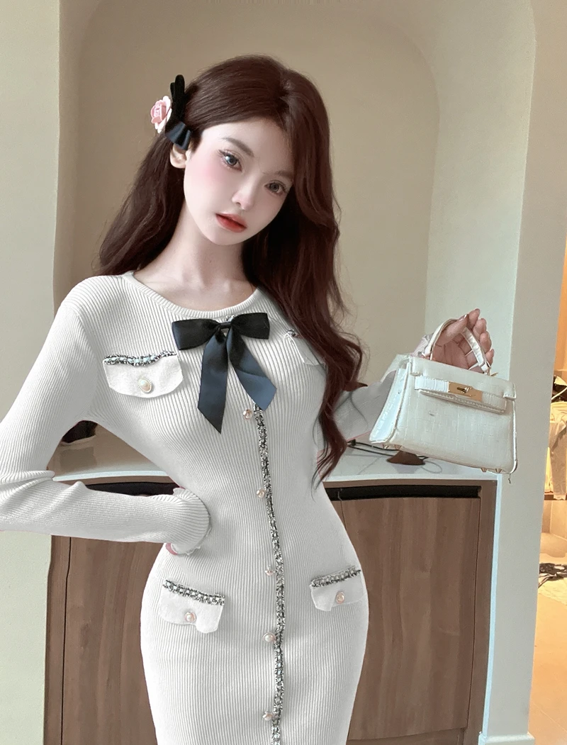 Lente Elegante Mode Effen Kleur Breien Jurk Vrouwelijke Temperament Vrouwen Zoete Boog O-hals Lange Mouw Bodycon Jurk Vestidos