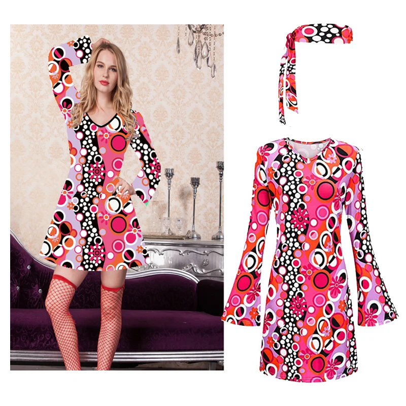 Vestido con estampado floral para mujer estilo hippie de los años 70 + pañuelo para la cabeza, 2 conjuntos, vestido de escenario de baile de manga larga con cuello redondo para mujer