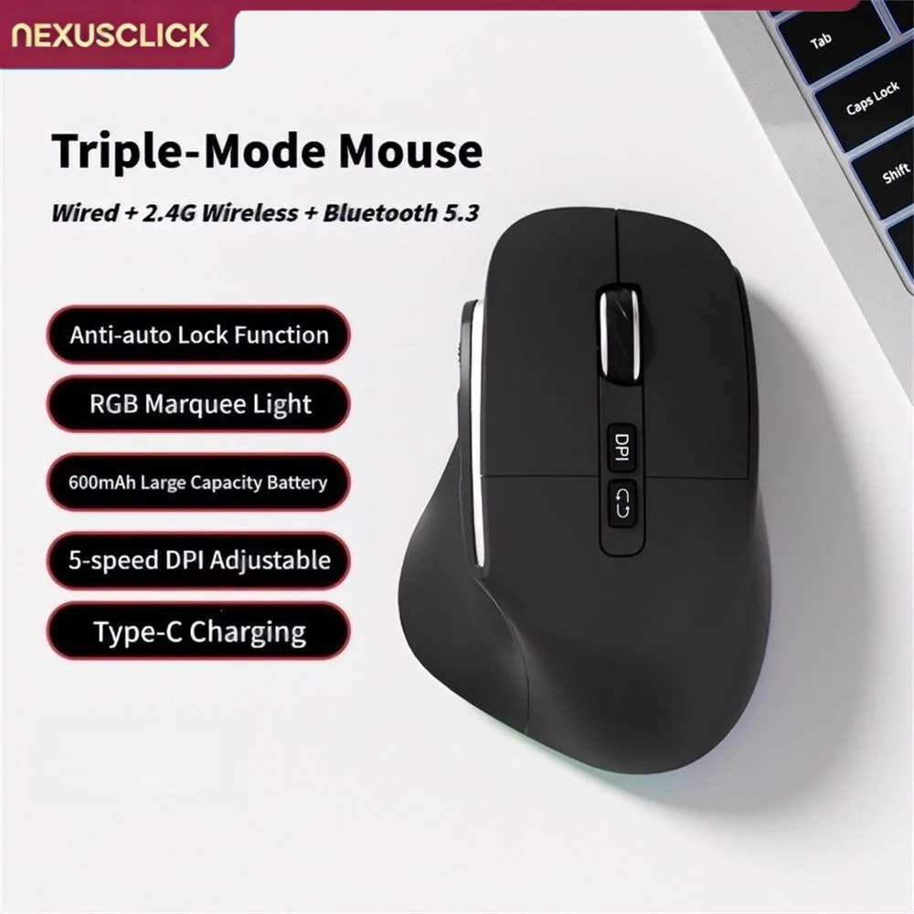 NexusClick Ergonomic Vertical Wireless Mouse, Type-C Rechargeable 3 Mode Silent Mice Adjustable DPI Gaming Office Computer Mouse